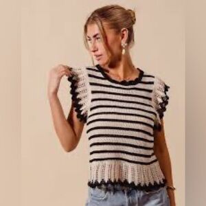 Rails Coen Ruffle Sleeve Peplum Striped Crochet Knit Sweater Tank Top XL